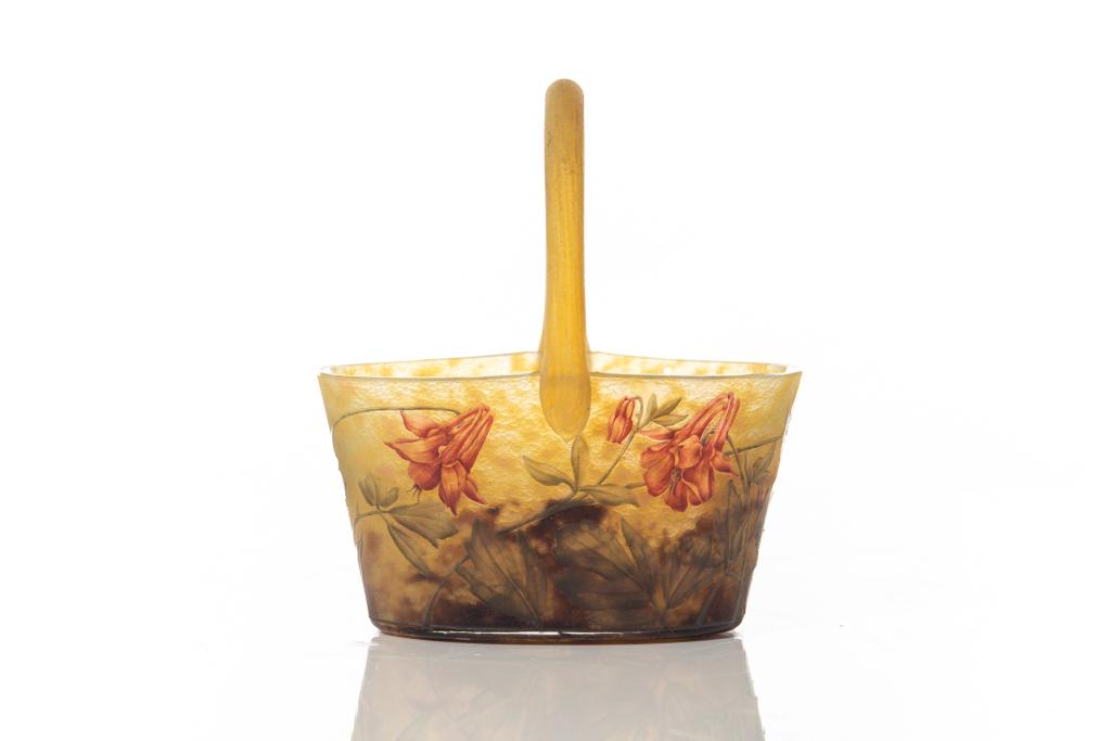 DAUM NANCY FRENCH GLASS CAMEO BASKET: French, late 19th century, frosted yellow ground centerpiece with enamel leaf and flower cameos. Signed on the side or body. H. to top of handle: 18.5 cm (11 1/4 in.)