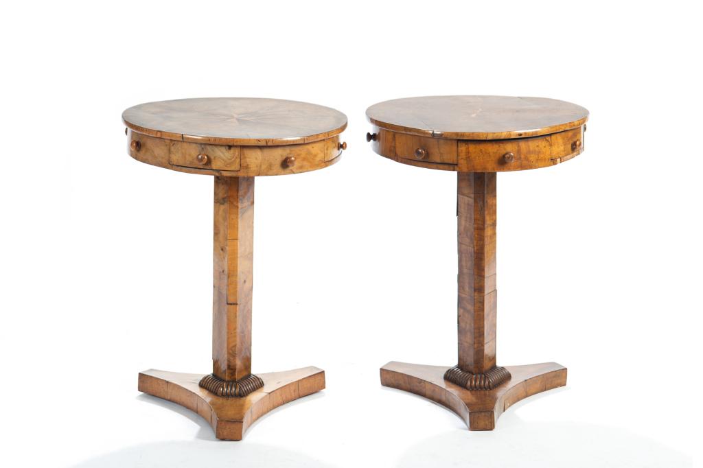 PAIR OF GEORGIAN CIRCULAR SIDE TABLES: Rent/drum style with fitted real and faux drawers around the circular top. Tripod base raised on canted pedestal. Star inlay top. H. 24 in. Dia. 18 in. Condition noted.