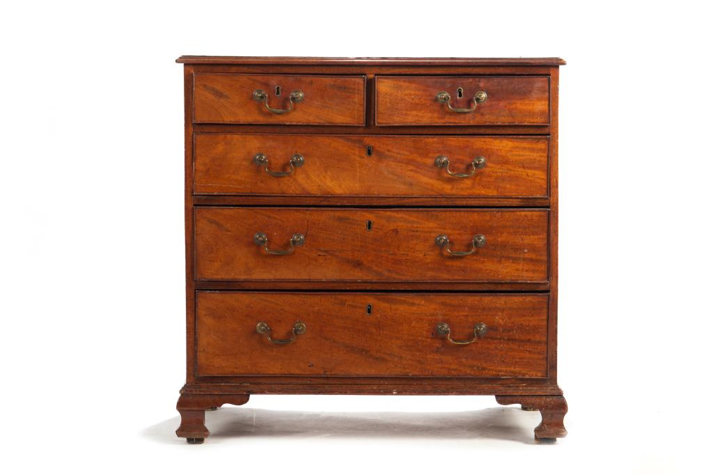 GEORGIAN MAHOGANY BACHELORS CHEST: Five drawer with brass escutcheons. H. 31 W. 30 1/4 D. 18 in.