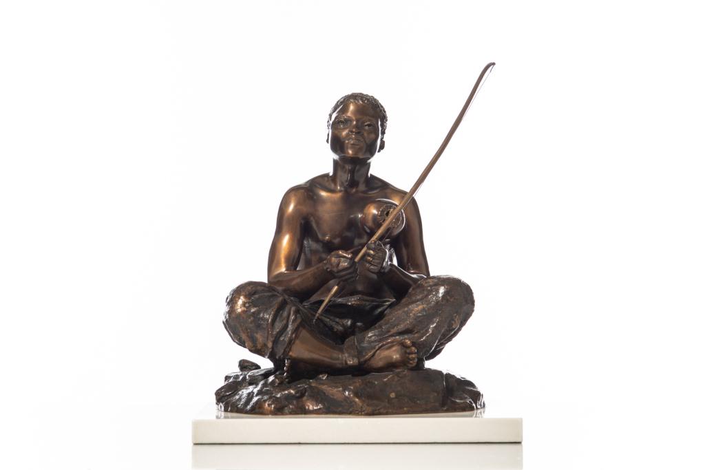 SEATED SCULPTURE OF BOY WITH BOW AND INSTRUMENT: Sculpture after Anton Van Wouw (Dutch / South African). Inscribed on the base with artist's signature and dated 1907. Lacquered bronze sculpture, mounted on a white marble base. H. 35 cm (13 3/4 in); 