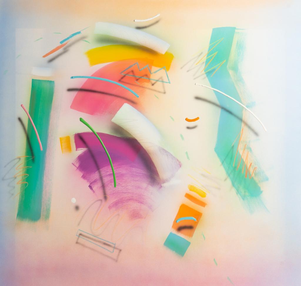 JAMES GROODY (American, 20th C): Abstract Acrylic and airbrush on canvas Signed and dated '86 verso Size: 48.25 x 51 in.