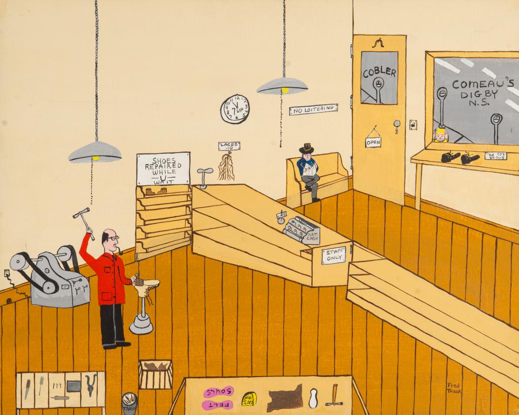 FRED TRASK (Canadian Folk Art 20th C): Cobler Oil on canvas Signed and inscribed to overlap verso: 'Melbourne Comeau Proprietor 'Cobler'. Shop is Closed now. This shop was in Digby for as long as I canremember' Size: 16 x 20 in.