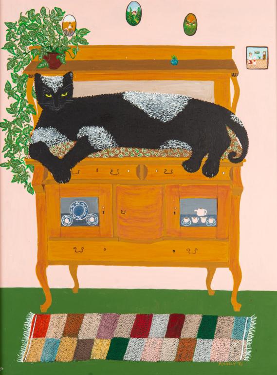 ARTHUR HOLLY (Canadian Folk Art 20th C): Black Cat (1983) Oil on board Size: 25 x 18.5 in.