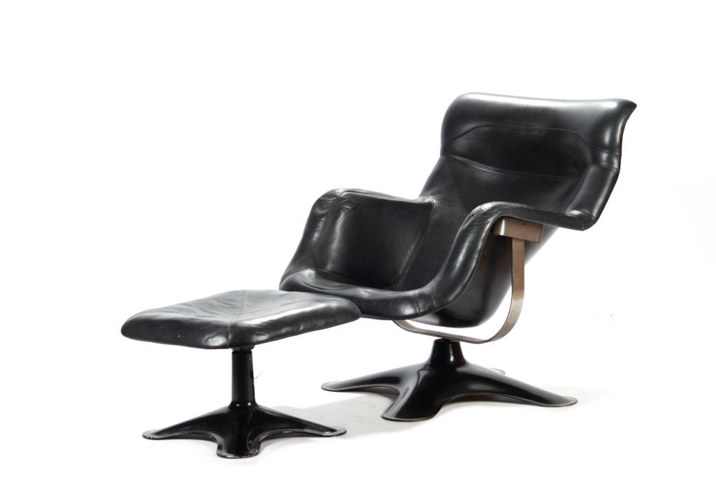 HAIMI LEATHER FINNISH CHAIR AND STOOL: Chair and stool made and designed by Yrjo Kukkapuro for HAIMI Stool: H. 14 1/2 W. 22 D.22 in.