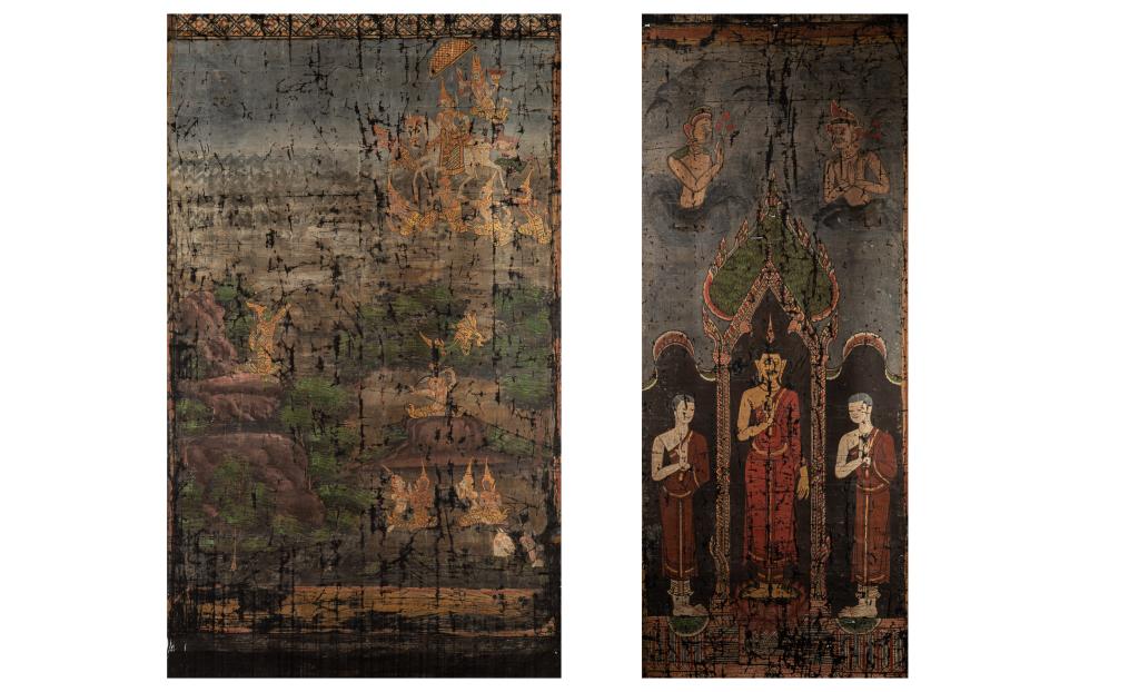 TWO LARGE 19TH C. THAI PAINTINGS OF THE BUDDHA: Longer painting of Buddha (middle) standing on Lotus accompanied by attendants. H. 212 cm (84.5in.) W. 85cm (33.8in.) Shorter painting of Buddhist figures in landscape. H. 143 cm (56.3in.) W. 86 cm (3