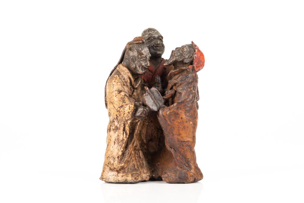 JAPANESE COLD PAINTED BRONZE FIGURAL GROUP: Cast showing the "vinegar tasters" scene with Confucius, Buddha, and Laozi. Painted in red, orange, and white. H. 15.5cm (6 1/8 in.)