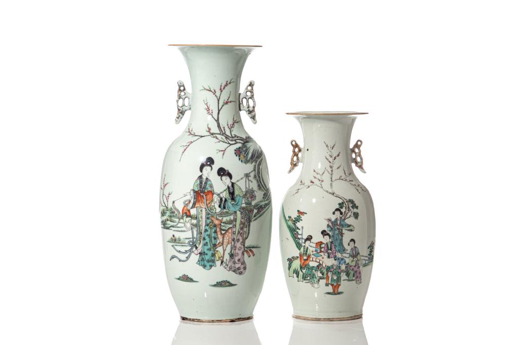 TWO ENAMEL PAINTED PORCELAIN LADY VASES: Both of painted enamel courtly ladies in a landscape scene. With painted winged handles. Larger vase with red four character mark. H. of shorter 43cm (17in.) H. of taller 56.5cm (22 1/4 in.)
