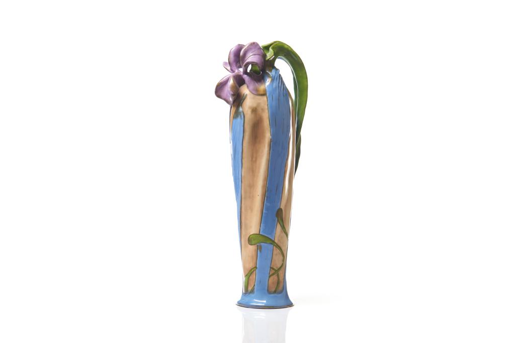AMPHORA ART NOUVEAU POTTERY VASE: Stylized floral form in green, blue and purple, impressed and stamped Imperial Amphora Austria. H. 46 cm (18 1/8 in)