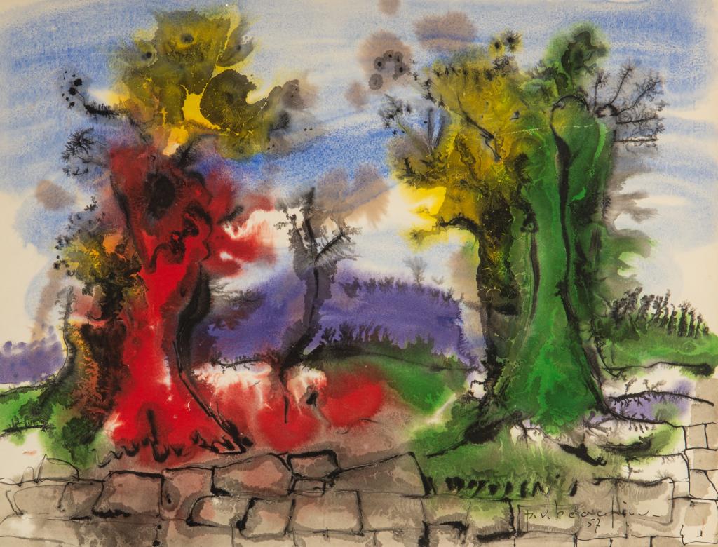 PAUL VANIER BEAULIEU (Canadian, 1910-1996): Untitled (1957) Watercolour on BFK Rives Signed and dated '57 lower right Size: 19.25 x 25.5 in. (sheet)
