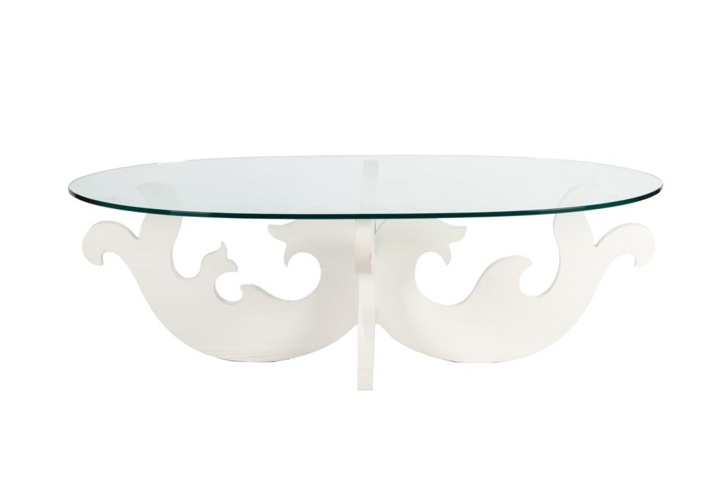 EVA ZEISEL (American/ Hungarian, 1906 - 2011): White lacquered base with glass oval top coffee table H. 18 W. 58 D. 33