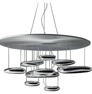 ARTEMIDE MERCURY SUSPENSION LIGHT FIXTURE: Attributed to Ross Lovegrove. An interior light fixture with floating pebbles resembling mercury below a suspended disk. Acting as modern sculptural object and as lighting piece. In the Mercury series