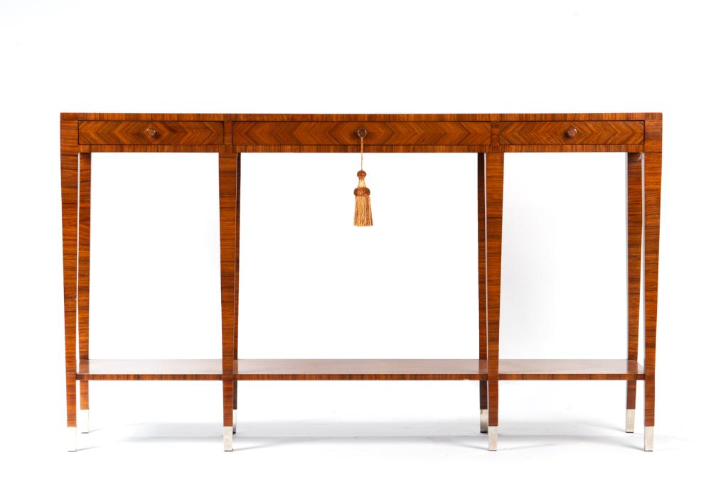 ITALIAN PARQUETRY CONSOLE TABLE: With three drawers, split matched veneers. H. 34 1/4 W. 60 D. 14 in.