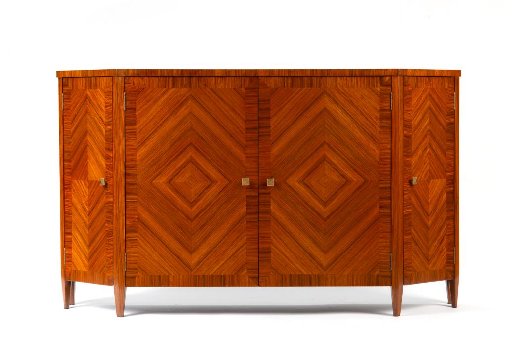ART DECO STYLE CREDENZA: With book matched veneer panel doors. H. 36 1/4 W. 61 D. 16 1/4 in.
