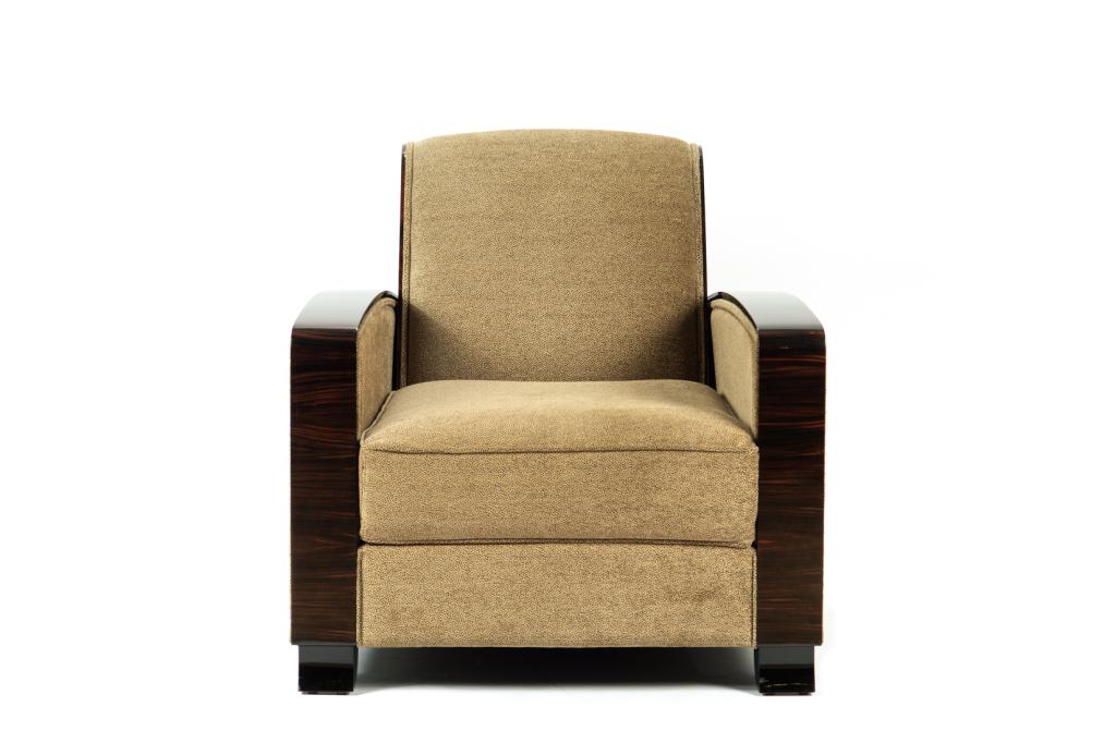 ART DECO STYLE CLUB CHAIR: With Macassar ebony frame with a piano high gloss finish. Made by Cygal Art Deco, Germany. H. 32 W. 32 1/2 D. 36 1/2 in.