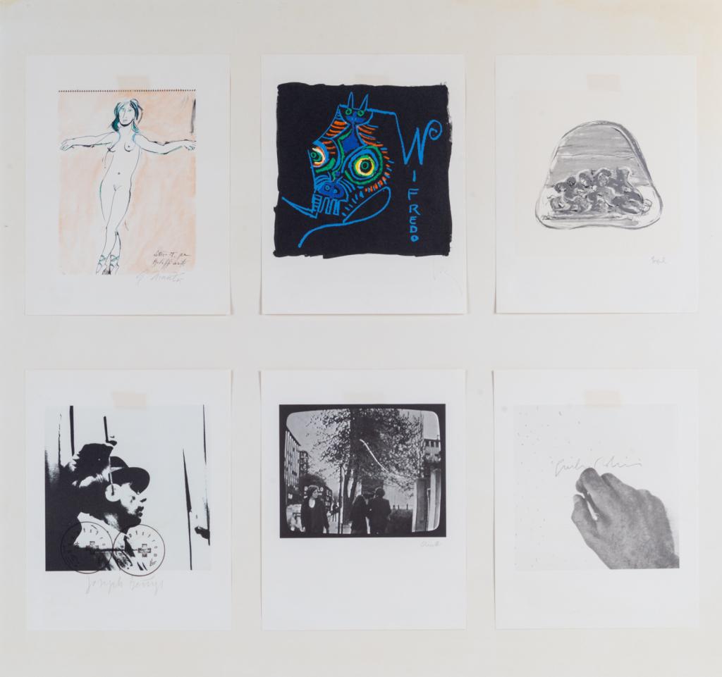 SIX FRAMED BOLAFFI ARTE PRINTS (1969-1982): Six photolithographic prints by Joseph Beuys and others. Mounted together and framed under glass. Some bearing pencil signatures. Published by Bolaffi Arte Italy. Size: 32.25 x 34.25 in. (overall, fra