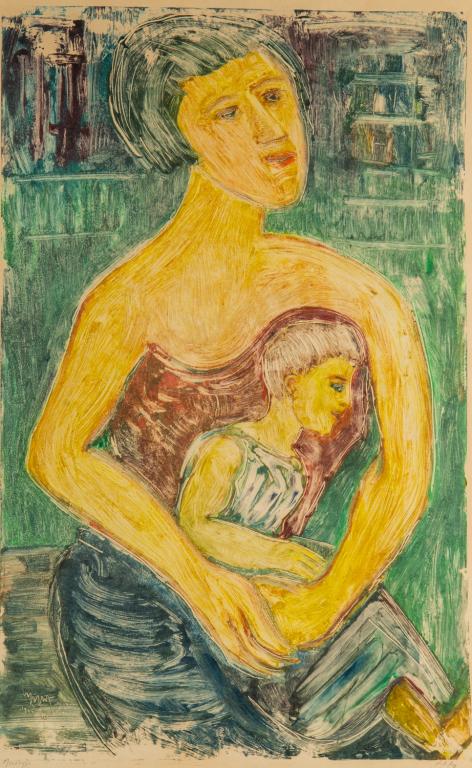 ISRAEL-ISAAC LIPSCHITZ (South African, 1903-1980): Mother and Child Monotype Signed and dated 1966 in plate lower left; signed in pencil to margin Size: 31 x 19 in. (plate)