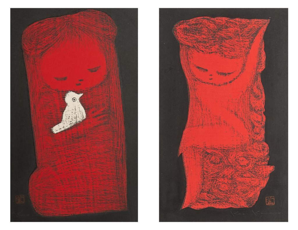 KAORU KAWANO (Japanese, 1916-1965): Pair of wooblock prints Small Bird and Little Flora Each signed in pencil in plate Size: 14.5 x 8.75 in. (each)