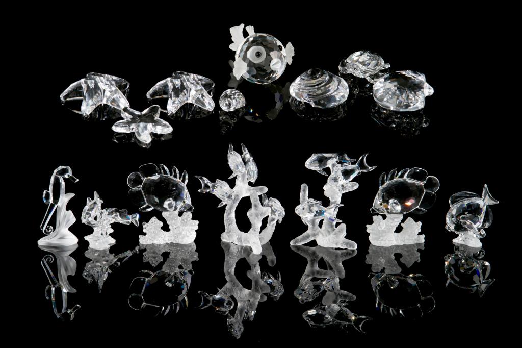 SWAROVSKI CRYSTAL COLLECTION OF SEA LIFE FIGURINES: Group of 14 figural pieces, including: six fish figurines and a seahorse mounted on coral form frosted bases. Together with a blowfish, two seashells, three starfish and a miniature turtle. H. of tall