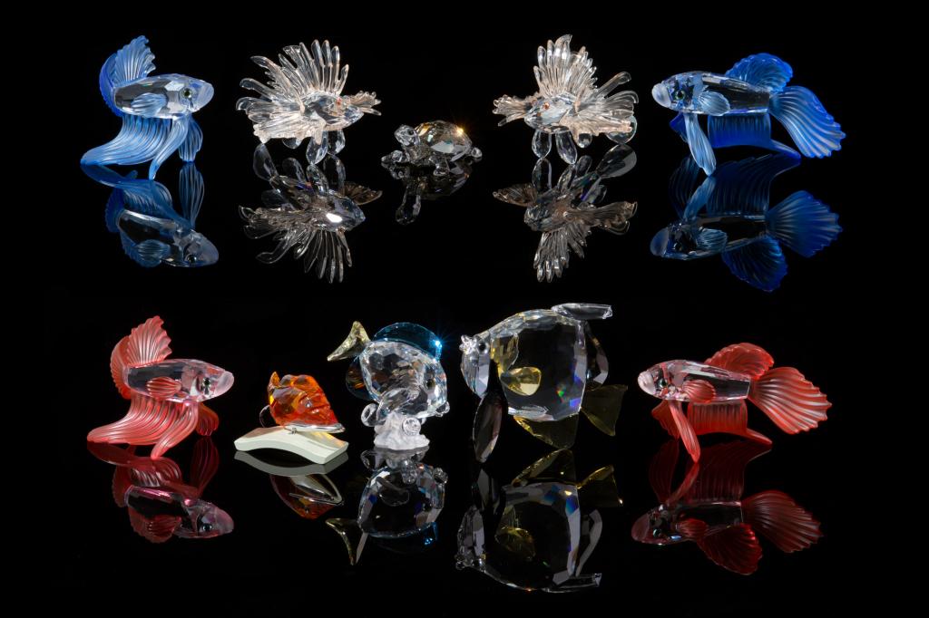SWAROVSKI CRYSTAL COLLECTION OF EXOTIC FISH: Group of ten figurines, including: five variously designed and coloured fish figures, two pairs of Siamese fighting fish with blue and pink fins, and a small turtle. H. of tallest approx 8 cm ( 3 1/8 