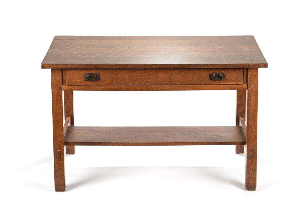 L. & J.G. STICKLEY OAK TABLE: 531 one drawer table, same design as 530. By the brothers of Gustav Stickley: Leopold (1869-1957) and John George (1871-1921). Early 20th C. H. 29 W. 48 D. 29 3/4