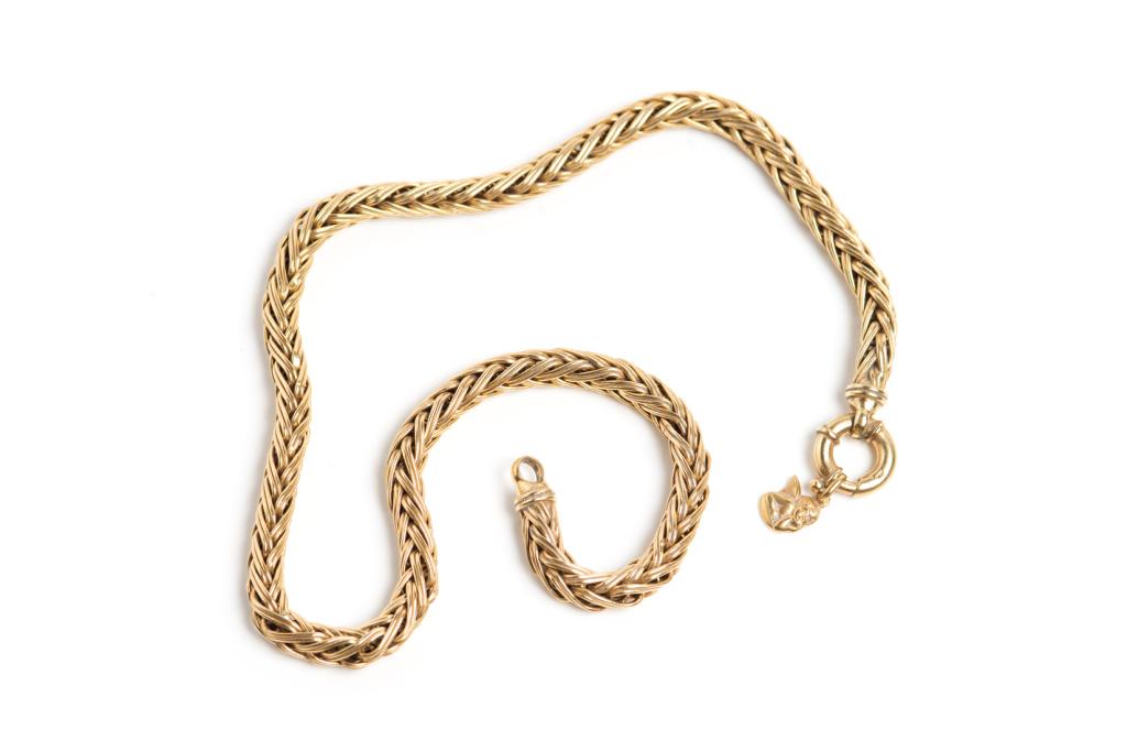 GOLD BYZANTINE LINK NECKLACE WITH CHARM, 44.3g: Yellow gold necklace of Byzantine-style links and spring closure. Stamped 14k. Small gold angel charm attached. Stamped 18k. Length: approx. 18.5 in. Weight: 44.3 g