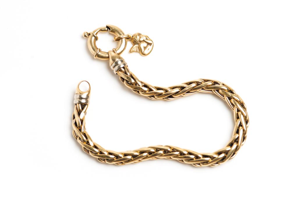 GOLD BYZANTINE LINK BRACELET WITH CHARM, 20.9g: Yellow gold Byzantine-style link bracelet with spring closure. Stamped 14k. Small 18k yellow gold angel charm attached. Length: approx. 8 in. Weight: 20.9g