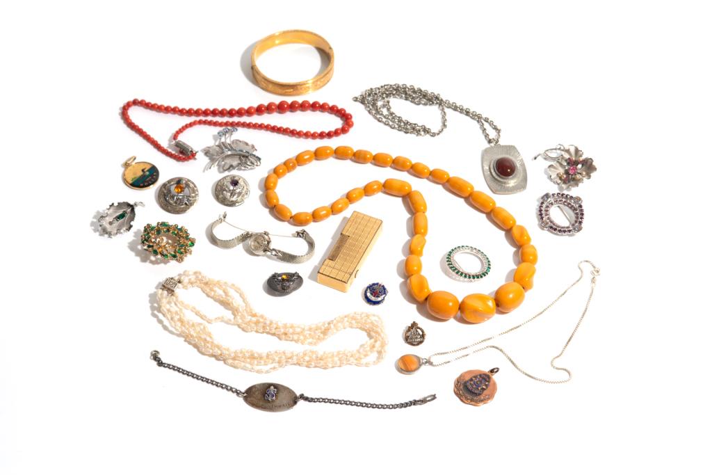 LOT OF COSTUME JEWELLERY: Five necklaces including a coral necklace, a bakelite necklace, and a Danish pewter necklace and pendant; one bangle bracelet, a gold-toned Dunhill cigarette lighter, a Vintage Omega ladies manual wat