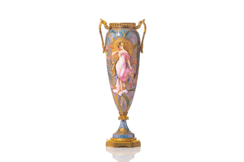 IRIDESCENT SEVRES STYLE VASE: French, 19th century hand painted with gilt bronze mounts, double handles and pierced decorative rim. With signed figural scene by E. Dabon, depicting a lady in ethereal pink flowing gown surrounded b