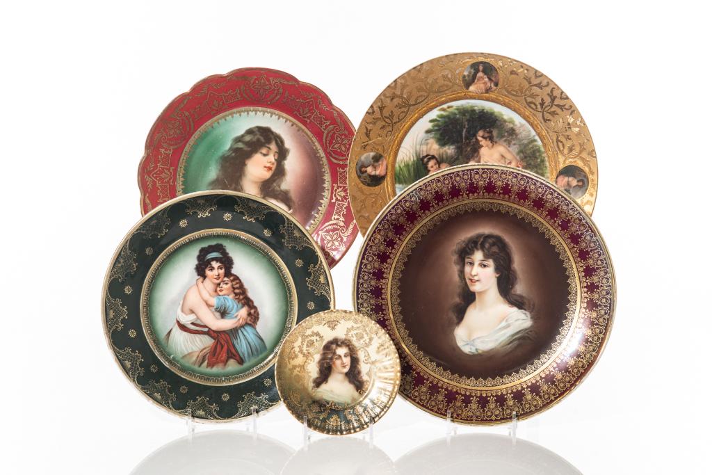 FIVE AUSTRIAN PORCELAIN CABINET DISHES: Five portrait plates of various sizes, each with a painted female image in center. Different makers including Royal Vienna, Moritz Zdekauer, Rosenthal & Company, Leuchtenburg CAL & S, and Kaiser. Dia.