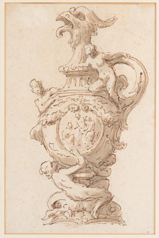 MANNER OF GIOVANNI BATTISTA FOGGINI (1652-1725): Study for a vessel Brown ink and wash on laid paper Monogram "?F" lower right Size: 12.5 x 8.25 in. (sheet) 20.5 x 16 in. (framed) Likely 18th C. Paper has been laid to a supporting sheet of paper.