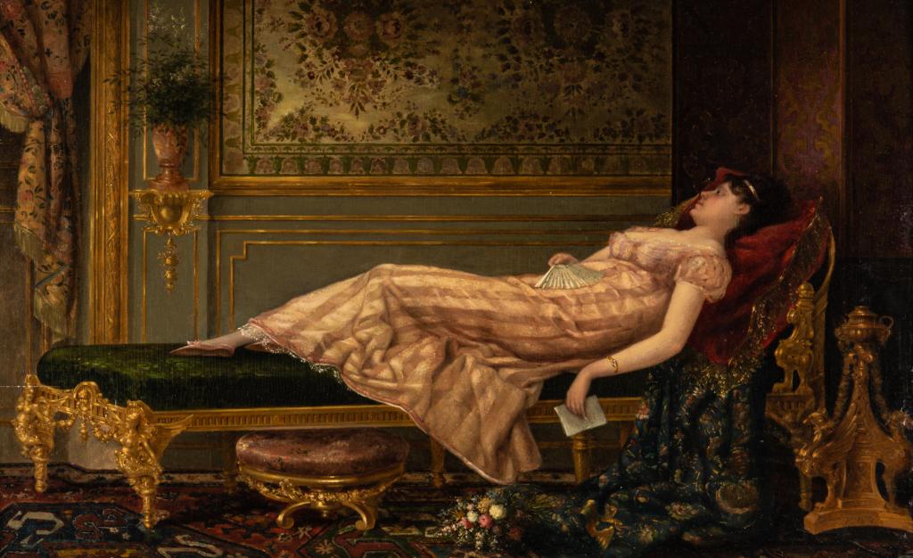 EMILE BARE (French, 19th C): Reclining Woman Oil on panel Signed lower right Size: 16 x 25.5 in. 30 x 40 in. (Frame)