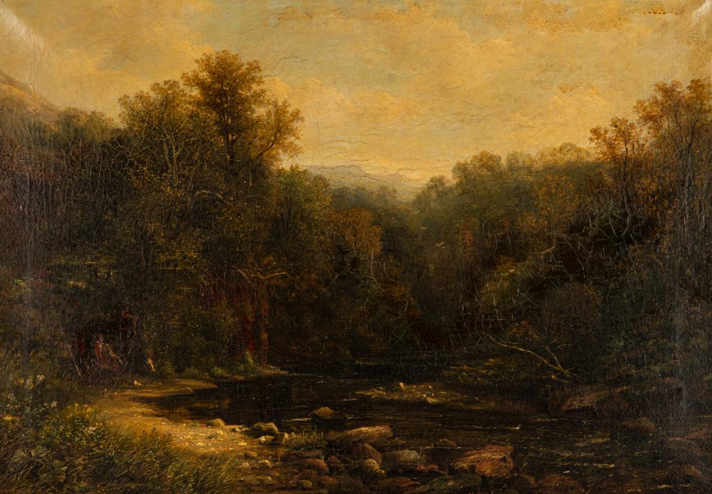 BRITISH SCHOOL (Mid-late 19th C): River Landscape with Resting Travellers Oil on canvas; George Rowney & Co. canvas; S.H. Hamnett Picture Framer, Carver & Gilder, Manchester, label to frame. Size: 25.5 x 36 in. 33 x 43 in. (frame)