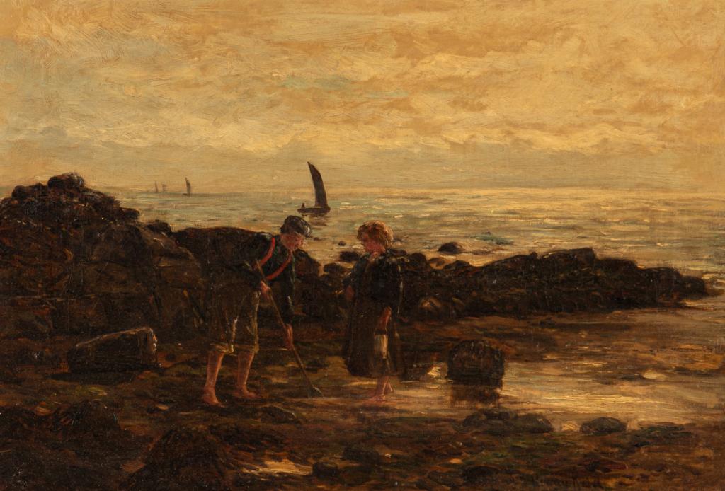 REID (British School, mid-late 19th C): Clam-Diggers Oil on canvas Signed and dated indistinctly lower right Size: 13 x 19 in 20.5 x 26.25 in. (frame)