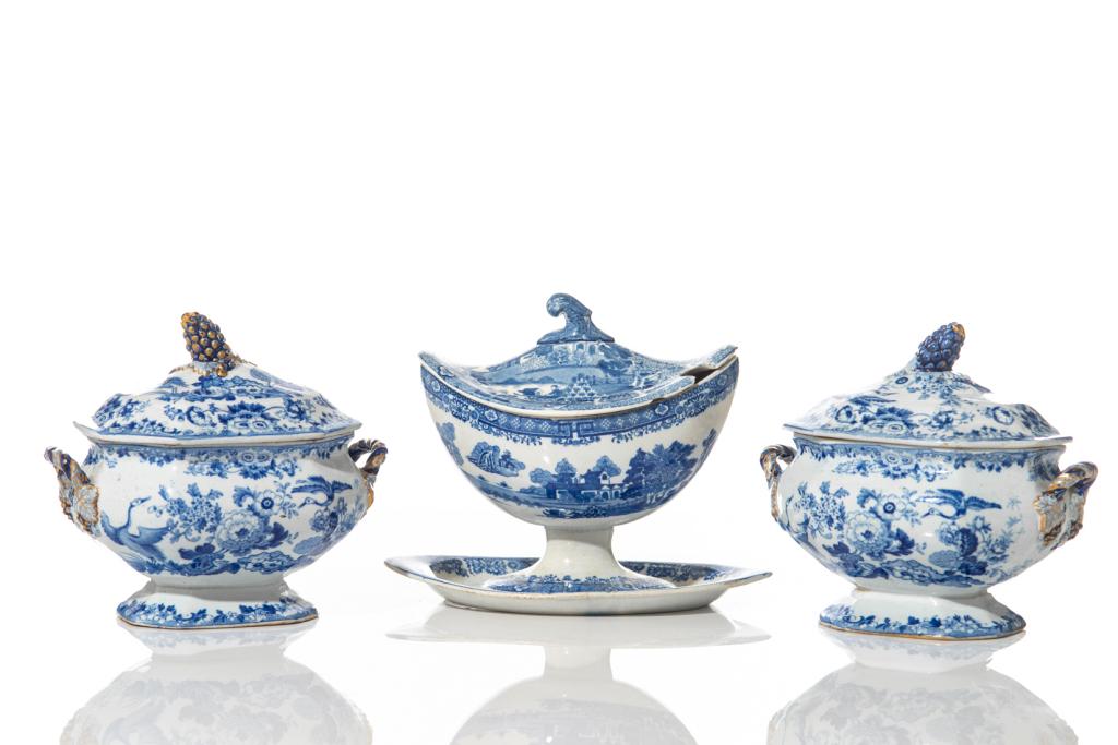 THREE BLUE & WHITE TRANSFERWARE SAUCE TUREENS: English, including a pair of Ironstone Asiatic Pheasants, the third is pearlware with Willow type pattern.