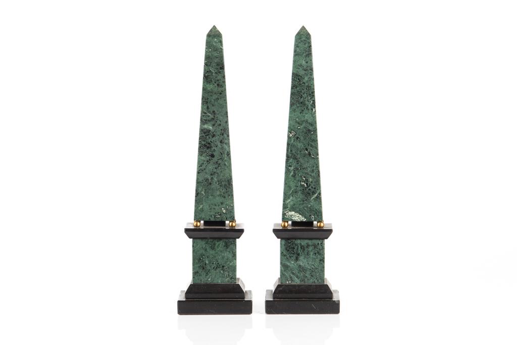 PAIR OF GREEN GRANITE OBELISKS: Raised on black slate and green granite plinths with gilded ball feet. Felted underside. H. 39 cm (15.5 in) W. at base 10.16 cm (4 in.)