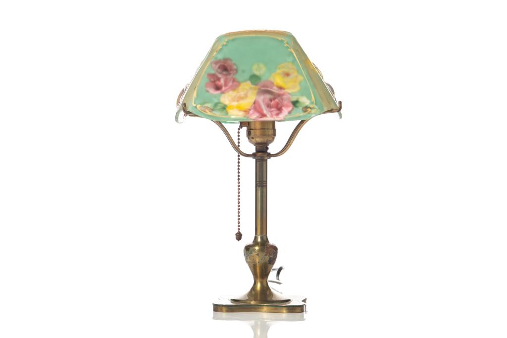 PAIRPOINT PUFFY TABLE LAMP EARLY 20TH CENTURY: American made, turquoise coloured shade with gilded decorative accents and floral design, including pansies. Marked on the edge of shade "The Pairpoint Corp." and appears to be dated1901, though sligh