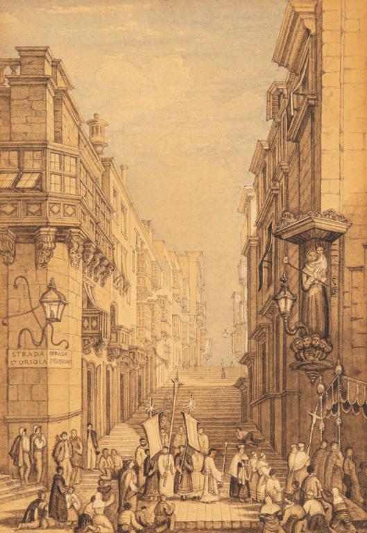 AFTER SAMUEL PROUT (British, 1738-1852): Strada di San Giovanni, Valetta, Malta Watercolour and graphite Size: 7.25 x 5 in. (sight) 13 x 11 in. (frame) In antique gilt metal frame.