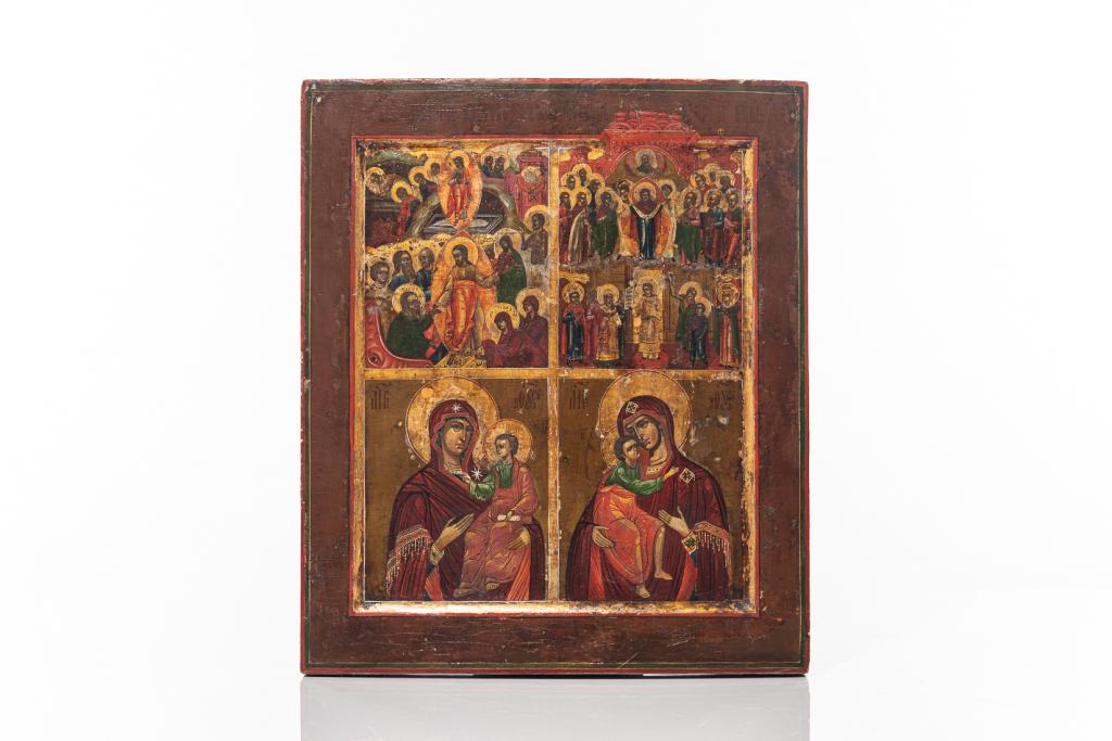 PAINTED RUSSIAN ICON ON PANEL: Religious iconography, divided into figural quadrants depicting Madonna and child, the Resurrection, and the Assumption. Painted brown borders with narrow red and green edging, egg tempera on wood. H.