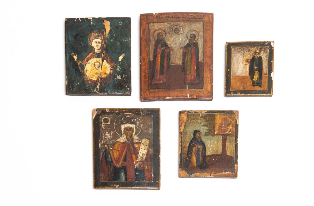 GROUP OF FIVE RUSSIAN ICONS ON WOOD PLAQUES: Variously from the 19th century, hand painted egg tempera on wood including figural scenes depicting clergymen, and depictions of Christ. H. of largest 11 cm (4 1/4 in) Condition noted.