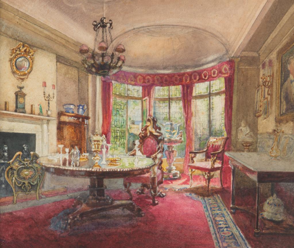 EMILY MARY BIBBENS WARREN (Canadian, 1869-1956): Interior Watercolour Signed and inscribed verso: Room designed by Adam Bros. of Soho. An Adams house in Park Lane,London. Table Laid for dessert and wine. Size: 12 x 14 in. 21 x 19 in. (frame)