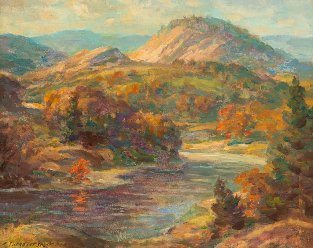 ADAM SHERRIFF SCOTT (Canadian, 1887-1980): Jacques Cartier River at Tewkesbury Oil on canvas Signed lower left; signed and titled verso; artist's ink stamp verso Size: 16 x 20 in.