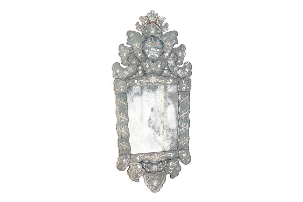 ANTIQUE VENETIAN GLASS MIRROR: Likely late 19th or early 20th century. Murano, with antique finish. H. 56 5/8 in W. 27 3/4 in
