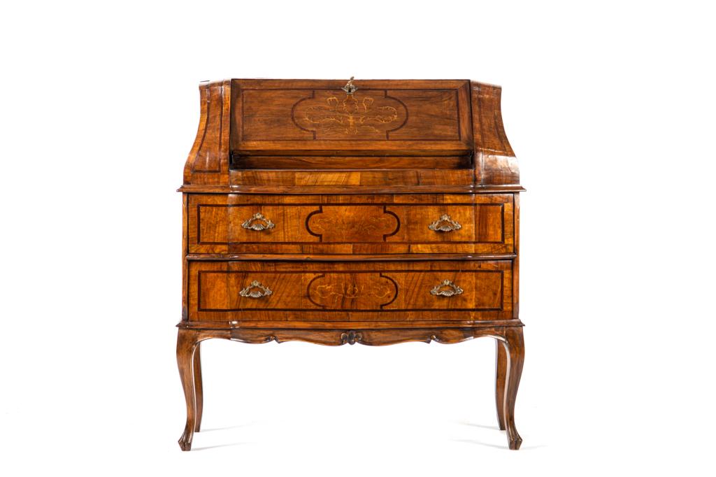 CONTINENTAL DROP FRONT SECRETAIRE DESK: With two drawers and ebonized inlay. Size: 35 1/2 x 30 x 13 1/2 in.