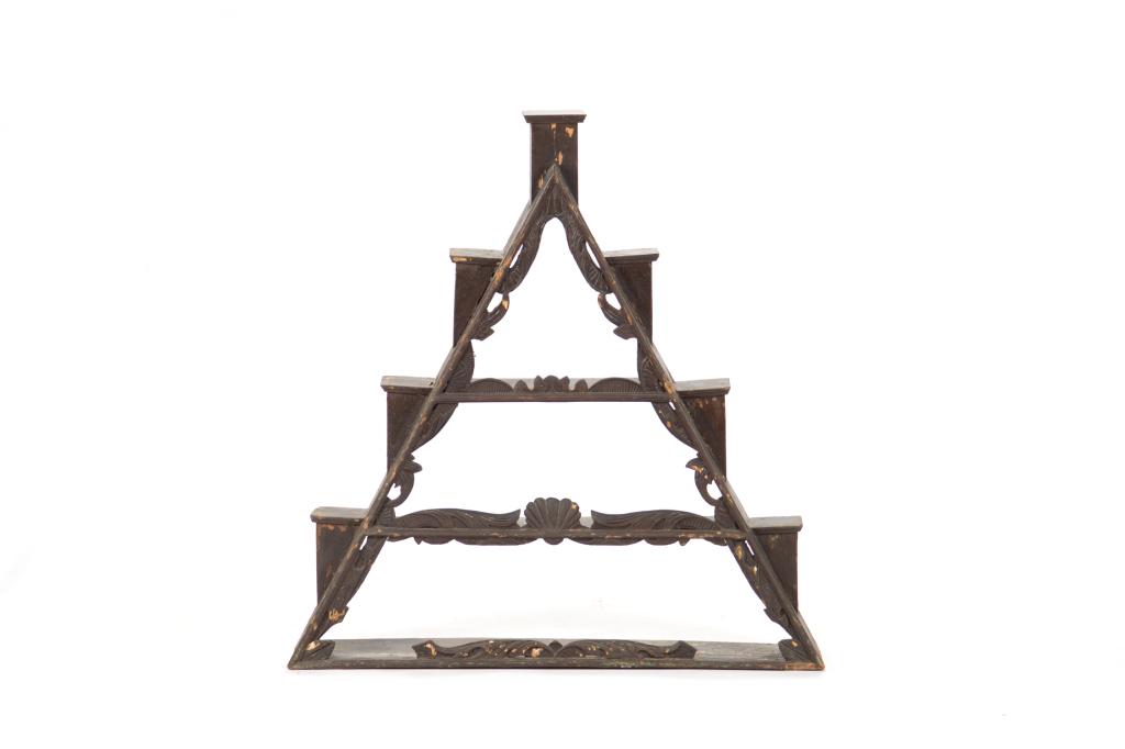DECORATIVE TRIANGULAR WHATNOT HANGING SHELF: Antique, possibly northern European, 18th/19th c.H. 36 1/2 W. 35 D. 6 in.