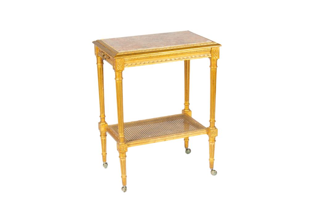 LOUIS XV STYLE GILT & CARVED WOOD DRINKS CART: With inset marble top and caned lower shelf H 31 W 23 1/2 D 15 1/2 in.