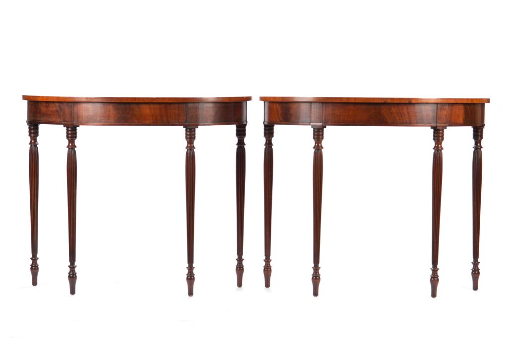 PAIR OF DEMI LUNE FLAME MAHOGANY CONSOLE TABLES: 20th C. H. 30 x W. 36 x D.14 1/4 in.