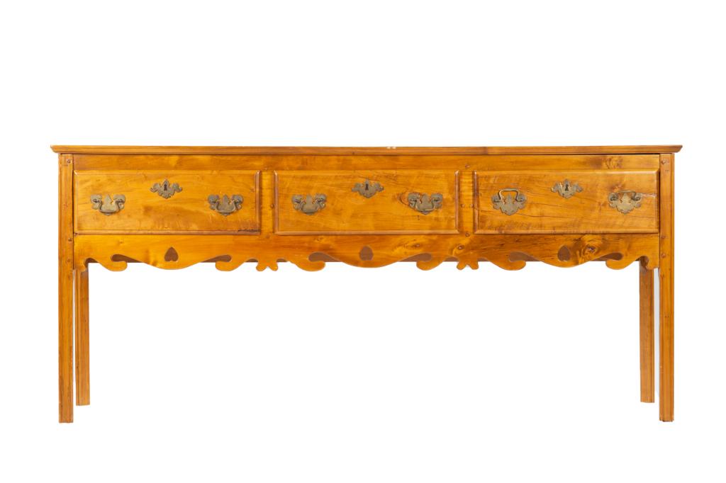 GEORGIAN STYLE FRUITWOOD CONSOLE TABLE: Likely birch or maple fitted with three drawers and brass hardware. H. 32 3/8 x W. 72 x D. 19 in