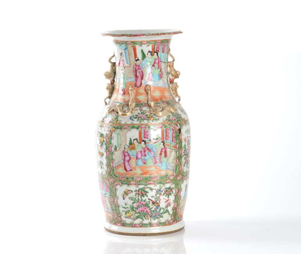 CHINESE EXPORT CANTON FAMILLE ROSE PORCELAIN VASE: Painted with alternating figural and birds and flower scenes, with elaborately painted border. Gilt mask and ring handle to shoulder. Qing dynasty, 19th C. H. 45cm (17 3/4 in.) Conditionreport availab