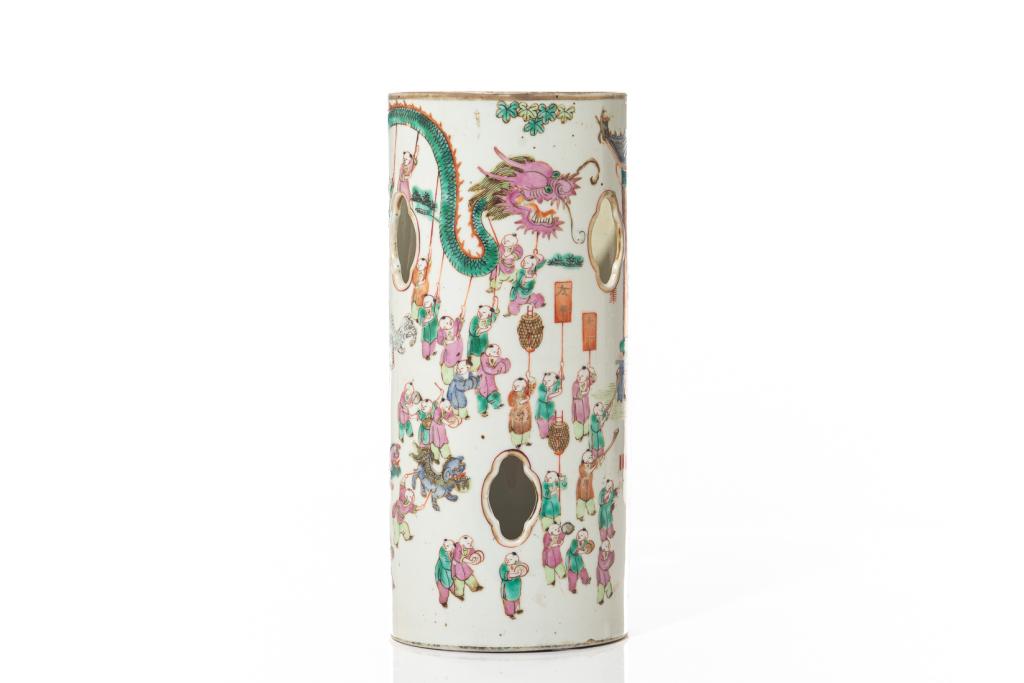 CHINESE FAMILLE ROSE PORCELAIN: Painted with a continuous scene of festive scene with hundred children motif showing dragon instrument playing. Quadrafoil openings to body. Iron red Yongzheng mark to base, late Qingdynasty, 19th C. 