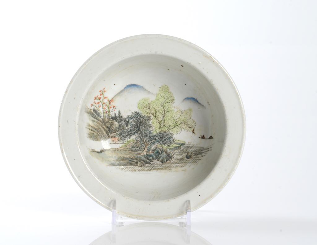 CHINESE ENAMEL PAINTED PORCELAIN BOWL: Interior painted with mountain and village landscape scene. Exterior with calligraphy inscription, signed Wang Youtang. H. 5cm (2 in.) Top dia. 16.5cm (6 1/2 in.) Condition reportavailable upon reques